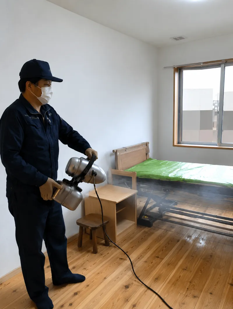 室内で除菌・消臭剤を噴霧する作業
